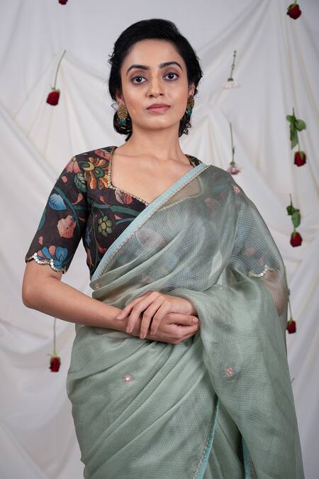 Aamra By Lavanya_Green Silk, Kota Doria Embroidery Butti Work Saree With Unstitched Blouse Piece _at_Aza_Fashions