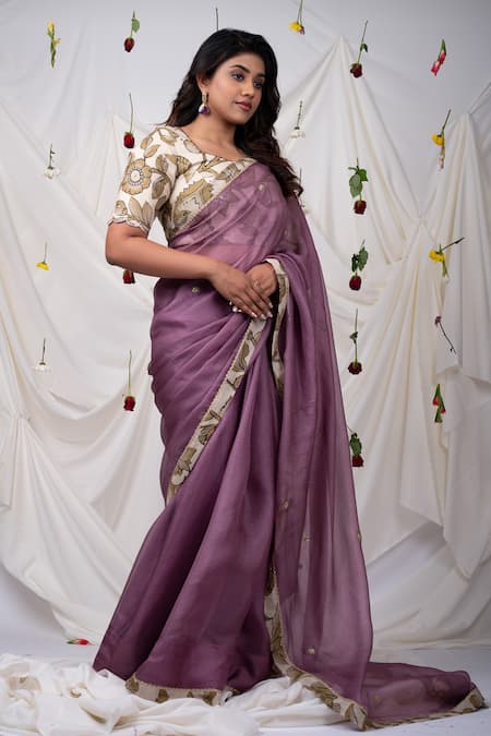 Shop_Aamra By Lavanya_Purple Silk, Kota Doria Hand Painted Border Saree With Unstitched Blouse Piece _at_Aza_Fashions