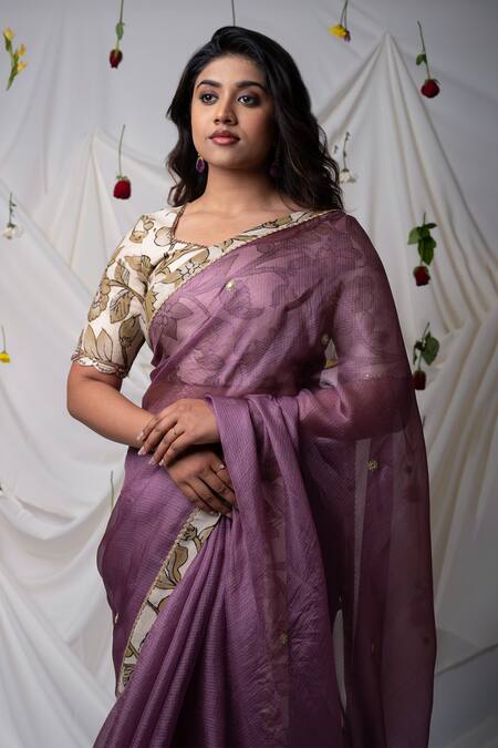 Aamra By Lavanya_Purple Silk, Kota Doria Hand Painted Border Saree With Unstitched Blouse Piece _Online_at_Aza_Fashions