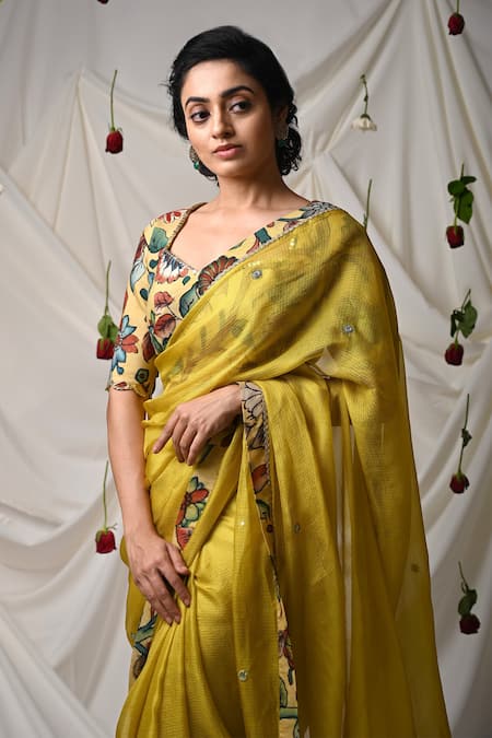 Aamra By Lavanya_Yellow Silk, Kota Doria Kalamkari Border Saree With Unstitched Blouse Piece _Online_at_Aza_Fashions