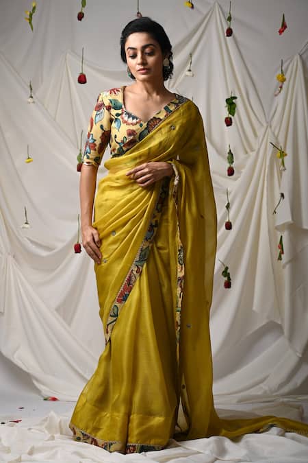 Shop_Aamra By Lavanya_Yellow Silk, Kota Doria Kalamkari Border Saree With Unstitched Blouse Piece _Online_at_Aza_Fashions
