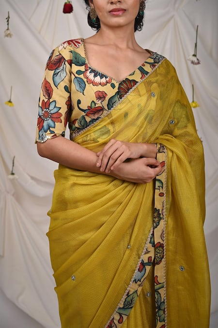 Aamra By Lavanya_Yellow Silk, Kota Doria Kalamkari Border Saree With Unstitched Blouse Piece _at_Aza_Fashions