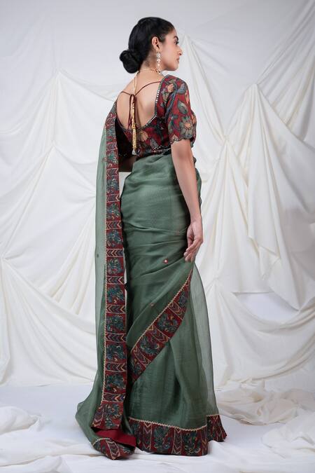 Shop_Aamra By Lavanya_Green Silk, Kota Peacock Kalamkari Border Saree With Unstitched Blouse Piece _at_Aza_Fashions