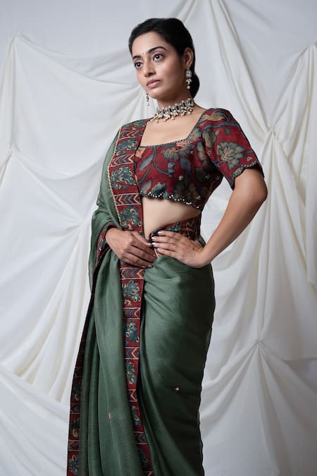 Shop_Aamra By Lavanya_Green Silk, Kota Peacock Kalamkari Border Saree With Unstitched Blouse Piece _Online_at_Aza_Fashions