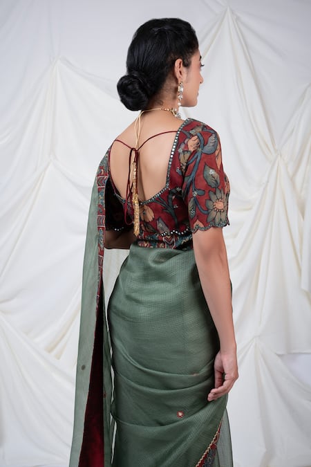 Aamra By Lavanya_Green Silk, Kota Peacock Kalamkari Border Saree With Unstitched Blouse Piece _at_Aza_Fashions