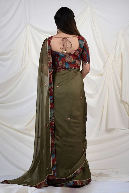 Shop_Aamra By Lavanya_Green Silk, Kota Contrast Kalamkari Border Saree With Unstitched Blouse Piece _at_Aza_Fashions