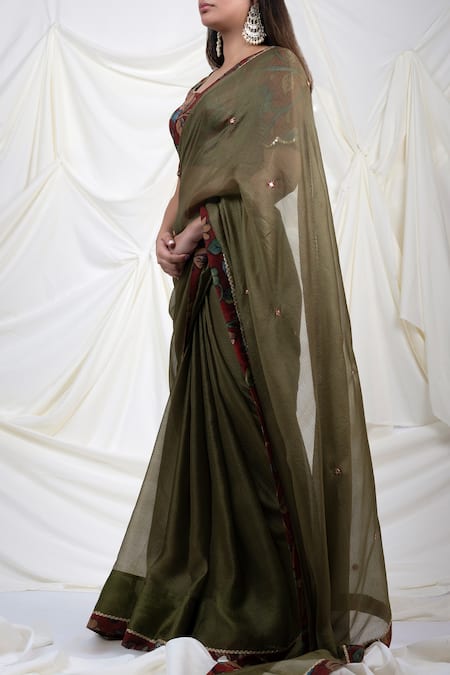 Aamra By Lavanya_Green Silk, Kota Contrast Kalamkari Border Saree With Unstitched Blouse Piece _Online_at_Aza_Fashions