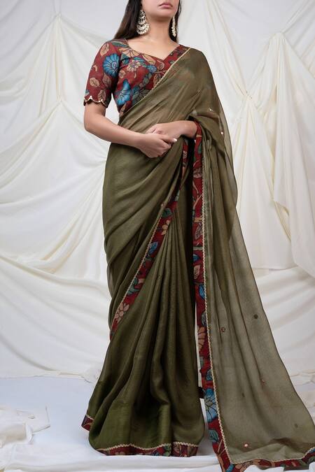 Buy_Aamra By Lavanya_Green Silk, Kota Contrast Kalamkari Border Saree With Unstitched Blouse Piece _Online_at_Aza_Fashions