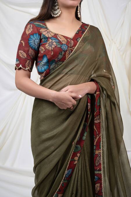 Shop_Aamra By Lavanya_Green Silk, Kota Contrast Kalamkari Border Saree With Unstitched Blouse Piece _Online_at_Aza_Fashions