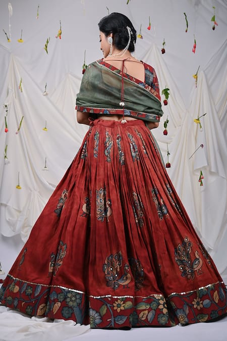 Shop Aamra By Lavanya Maroon Silk, Kota Doria Hand Painted Kalamkari Pattern Lehenga And Blouse Set at Aza Fashions Shop_Aamra By Lavanya_Maroon Silk, Kota Doria Hand Painted Kalamkari Pattern Lehenga And Blouse Set _at_Aza_Fashions