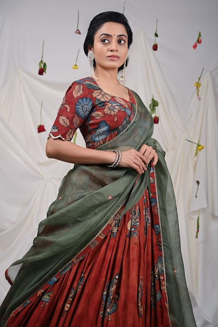 Aamra By Lavanya Maroon Silk, Kota Doria Hand Painted Kalamkari Pattern Lehenga And Blouse Set Online at Aza Fashions Aamra By Lavanya_Maroon Silk, Kota Doria Hand Painted Kalamkari Pattern Lehenga And Blouse Set _Online_at_Aza_Fashions