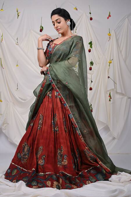 Buy Aamra By Lavanya Maroon Silk, Kota Doria Hand Painted Kalamkari Pattern Lehenga And Blouse Set Online at Aza Fashions Buy_Aamra By Lavanya_Maroon Silk, Kota Doria Hand Painted Kalamkari Pattern Lehenga And Blouse Set _Online_at_Aza_Fashions