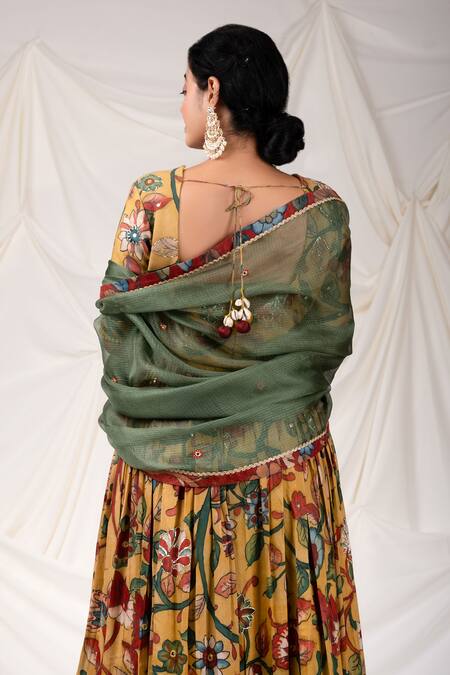 Shop_Aamra By Lavanya_Yellow Silk, Kota Doria Mirrors Hand Painted Kalamkari Pattern Anarkali Set _at_Aza_Fashions