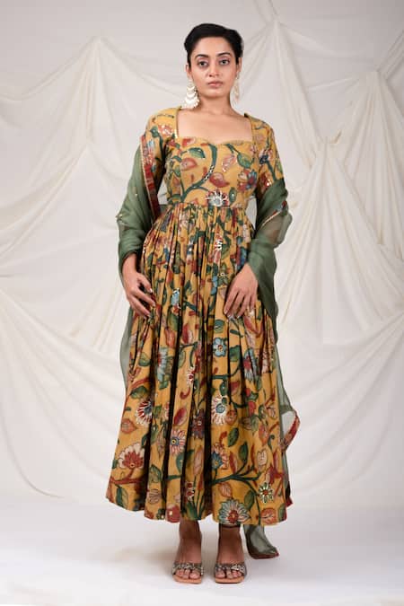 Aamra By Lavanya_Yellow Silk, Kota Doria Mirrors Hand Painted Kalamkari Pattern Anarkali Set _Online_at_Aza_Fashions