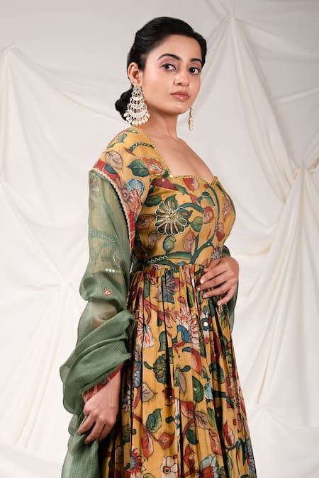 Buy_Aamra By Lavanya_Yellow Silk, Kota Doria Mirrors Hand Painted Kalamkari Pattern Anarkali Set _Online_at_Aza_Fashions