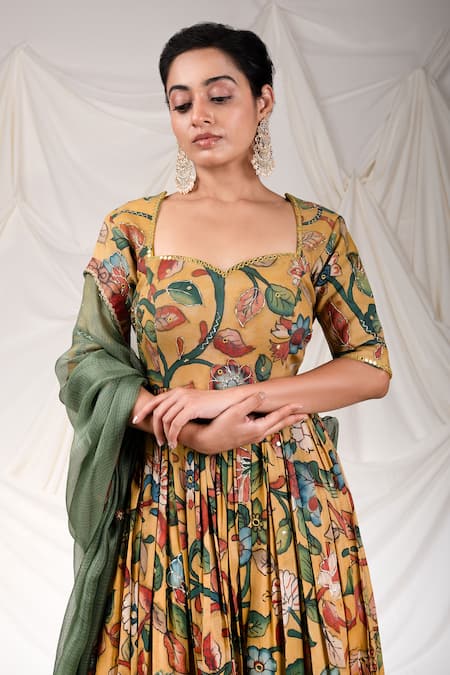 Shop_Aamra By Lavanya_Yellow Silk, Kota Doria Mirrors Hand Painted Kalamkari Pattern Anarkali Set _Online_at_Aza_Fashions