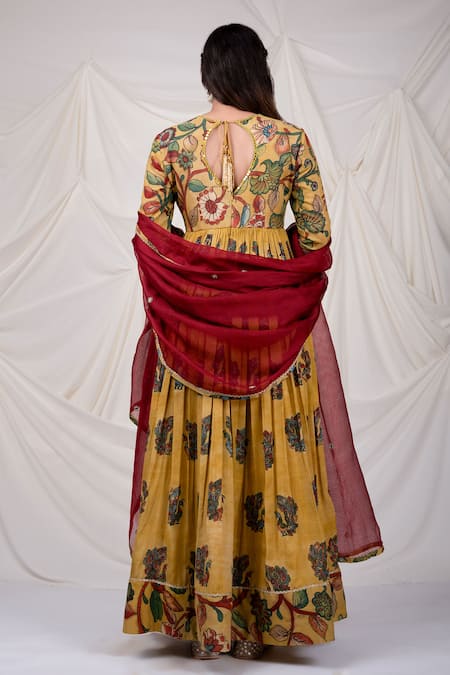 Shop_Aamra By Lavanya_Yellow Silk, Kota Doria Sequins, Mirrors Peacock Kalamkari Pattern Anarkali Set _at_Aza_Fashions
