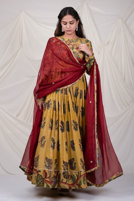 Aamra By Lavanya_Yellow Silk, Kota Doria Sequins, Mirrors Peacock Kalamkari Pattern Anarkali Set _Online_at_Aza_Fashions