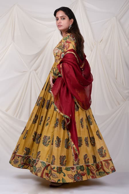 Buy_Aamra By Lavanya_Yellow Silk, Kota Doria Sequins, Mirrors Peacock Kalamkari Pattern Anarkali Set _Online_at_Aza_Fashions