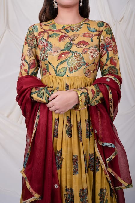 Shop_Aamra By Lavanya_Yellow Silk, Kota Doria Sequins, Mirrors Peacock Kalamkari Pattern Anarkali Set _Online_at_Aza_Fashions