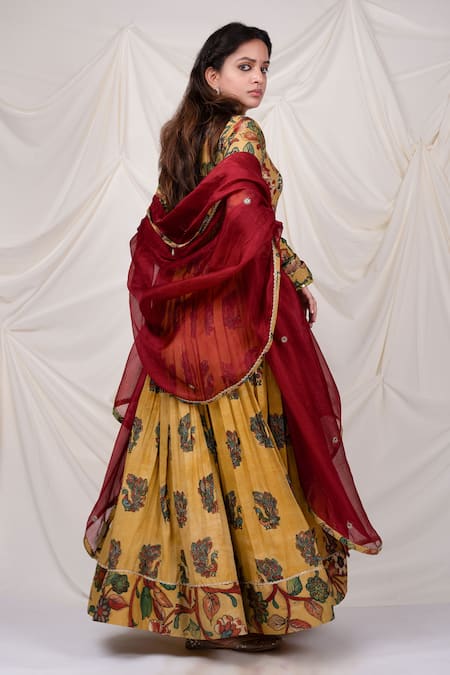 Aamra By Lavanya_Yellow Silk, Kota Doria Sequins, Mirrors Peacock Kalamkari Pattern Anarkali Set _at_Aza_Fashions