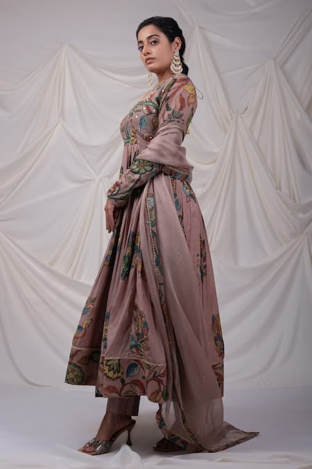 Buy_Aamra By Lavanya_Pink Silk, Cotton Satin, Kota Doria Peacock Kalamkari Pattern Anarkali Pant Set _Online_at_Aza_Fashions