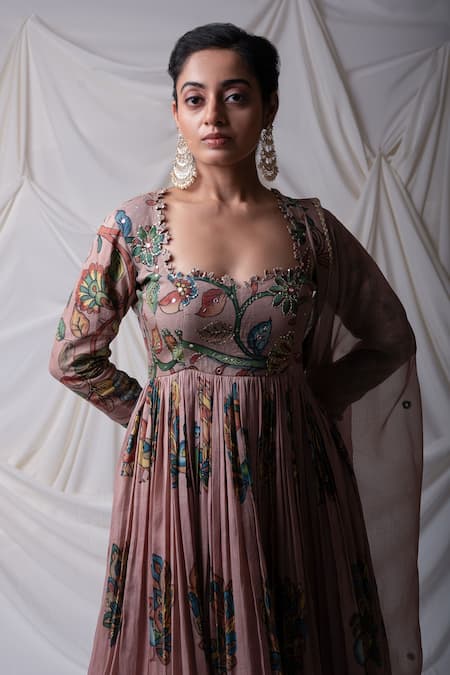 Shop_Aamra By Lavanya_Pink Silk, Cotton Satin, Kota Doria Peacock Kalamkari Pattern Anarkali Pant Set _Online_at_Aza_Fashions