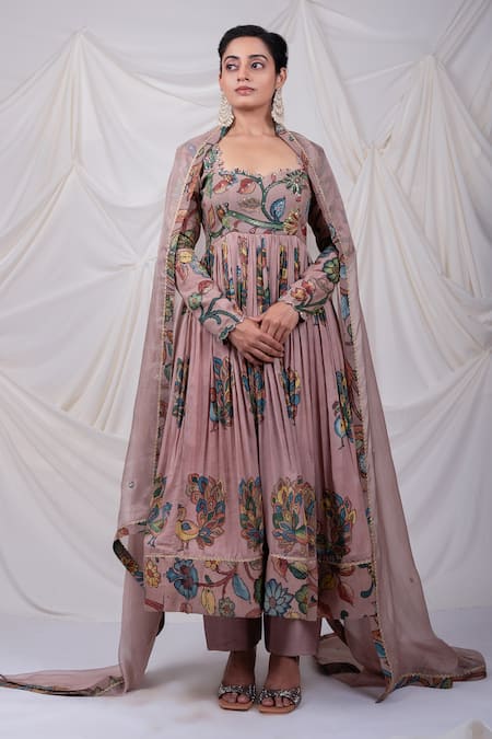 Aamra By Lavanya_Pink Silk, Cotton Satin, Kota Doria Peacock Kalamkari Pattern Anarkali Pant Set _at_Aza_Fashions