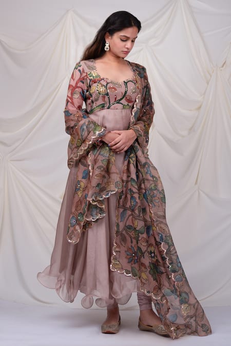Shop_Aamra By Lavanya_Pink Silk, Kota Doria Sequins, Zari, Embroidery Floral Hand Painted Anarkali Set _at_Aza_Fashions