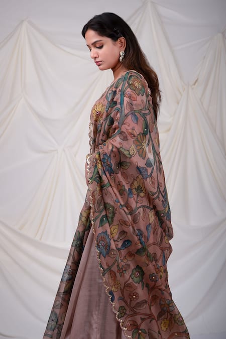 Aamra By Lavanya_Pink Silk, Kota Doria Sequins, Zari, Embroidery Floral Hand Painted Anarkali Set _Online_at_Aza_Fashions