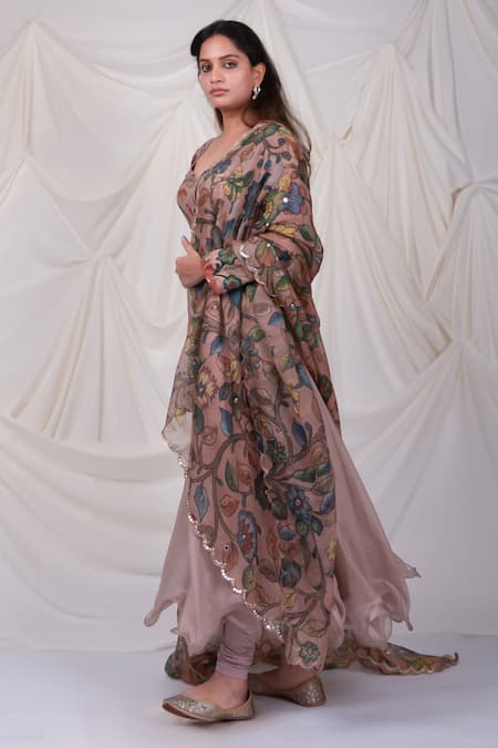 Buy_Aamra By Lavanya_Pink Silk, Kota Doria Sequins, Zari, Embroidery Floral Hand Painted Anarkali Set _Online_at_Aza_Fashions