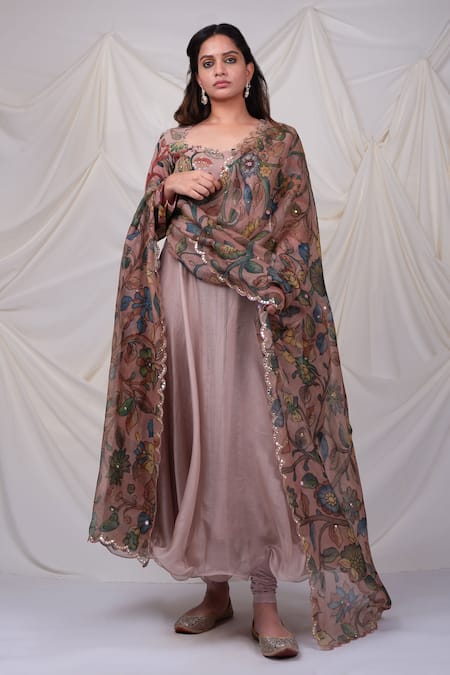 Shop_Aamra By Lavanya_Pink Silk, Kota Doria Sequins, Zari, Embroidery Floral Hand Painted Anarkali Set _Online_at_Aza_Fashions