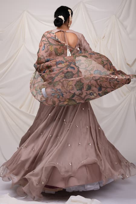 Shop_Aamra By Lavanya_Pink Kota Doria Embroidery, Sequins Round Neck Lehenga Set _at_Aza_Fashions