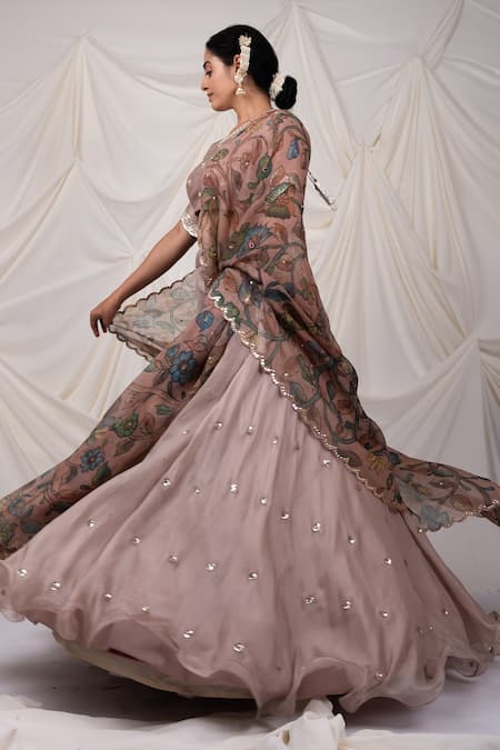 Aamra By Lavanya_Pink Kota Doria Embroidery, Sequins Round Neck Lehenga Set _Online_at_Aza_Fashions