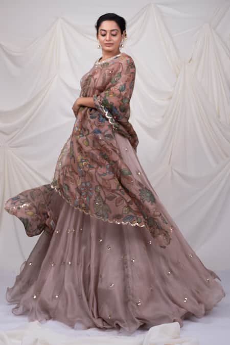 Buy_Aamra By Lavanya_Pink Kota Doria Embroidery, Sequins Round Neck Lehenga Set _Online_at_Aza_Fashions