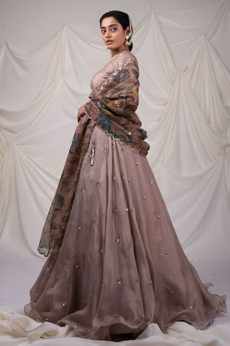 Shop_Aamra By Lavanya_Pink Kota Doria Embroidery, Sequins Round Neck Lehenga Set _Online_at_Aza_Fashions