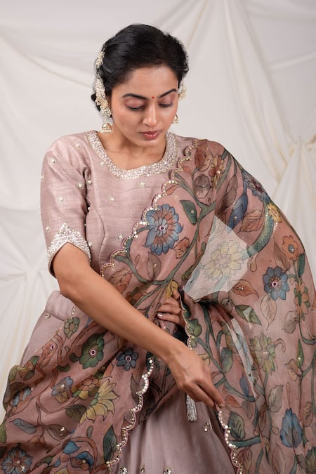 Aamra By Lavanya_Pink Kota Doria Embroidery, Sequins Round Neck Lehenga Set _at_Aza_Fashions