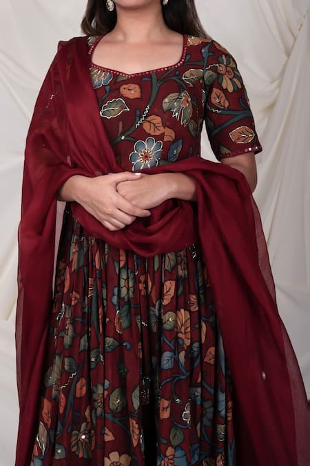 Buy_Aamra By Lavanya_Maroon Silk, Kota Doria Embroidery, Floral Kalamkari Hand Painted Anarkali Set _Online_at_Aza_Fashions