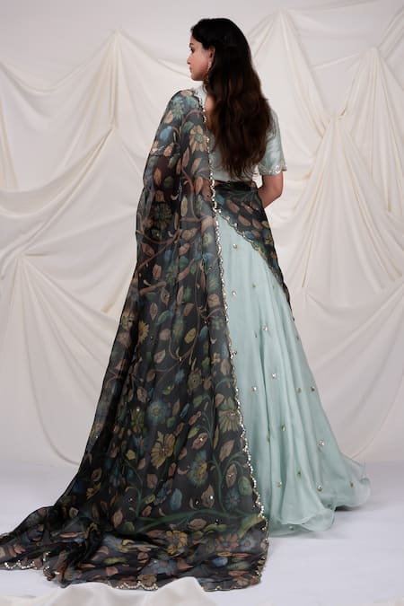 Shop_Aamra By Lavanya_Blue Kota Doria Sequins, Embroidery Work Lehenga Set _at_Aza_Fashions