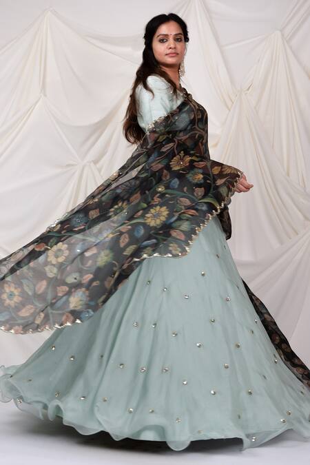 Aamra By Lavanya_Blue Kota Doria Sequins, Embroidery Work Lehenga Set _Online_at_Aza_Fashions