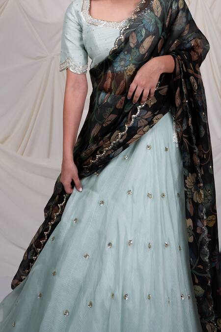 Buy_Aamra By Lavanya_Blue Kota Doria Sequins, Embroidery Work Lehenga Set _Online_at_Aza_Fashions