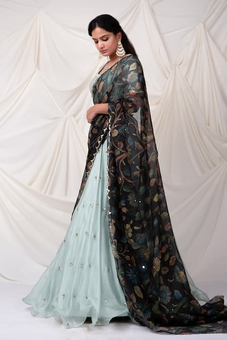 Shop_Aamra By Lavanya_Blue Kota Doria Sequins, Embroidery Work Lehenga Set _Online_at_Aza_Fashions