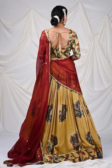 Shop_Aamra By Lavanya_Yellow Silk, Kota Doria Sequins, Embroidery Peacock Hand Painted Lehenga Set _at_Aza_Fashions