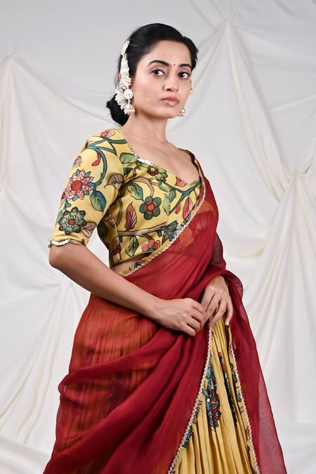 Aamra By Lavanya_Yellow Silk, Kota Doria Sequins, Embroidery Peacock Hand Painted Lehenga Set _Online_at_Aza_Fashions