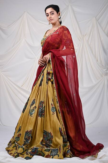 Buy_Aamra By Lavanya_Yellow Silk, Kota Doria Sequins, Embroidery Peacock Hand Painted Lehenga Set _Online_at_Aza_Fashions