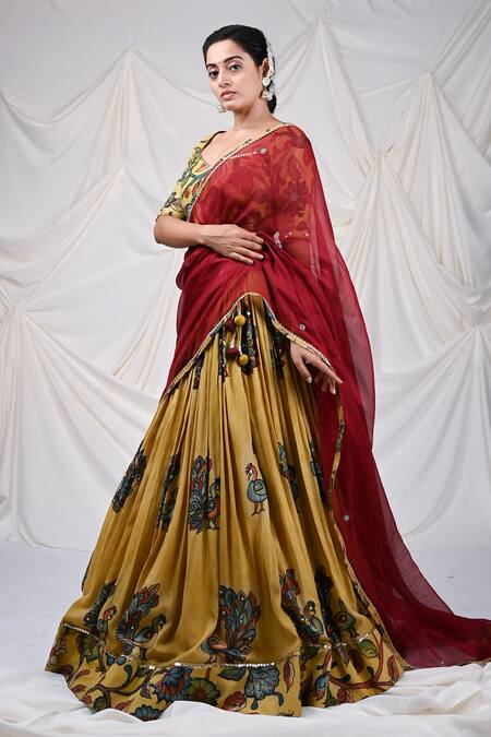 Shop_Aamra By Lavanya_Yellow Silk, Kota Doria Sequins, Embroidery Peacock Hand Painted Lehenga Set _Online_at_Aza_Fashions