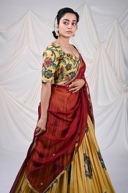 Aamra By Lavanya_Yellow Silk, Kota Doria Sequins, Embroidery Peacock Hand Painted Lehenga Set _at_Aza_Fashions
