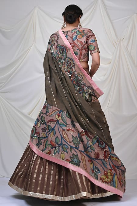Shop_Aamra By Lavanya_Brown Chanderi , Embroidery Stripe Woven Lehenga Set _at_Aza_Fashions