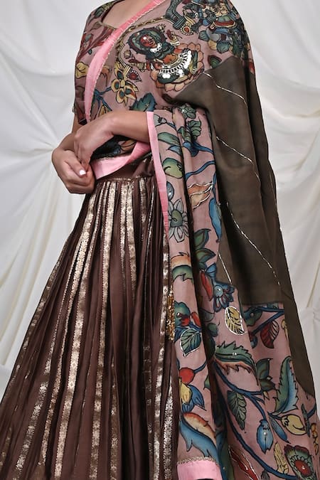 Aamra By Lavanya_Brown Chanderi , Embroidery Stripe Woven Lehenga Set _Online_at_Aza_Fashions