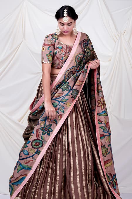 Buy_Aamra By Lavanya_Brown Chanderi , Embroidery Stripe Woven Lehenga Set _Online_at_Aza_Fashions